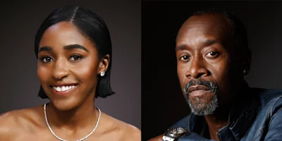 Split image showing a young woman smiling on the left and an older man with a neutral expression on the right, both in front of dark backgrounds.