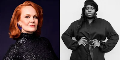 Two women in portrait photos; the left image shows a woman with red hair in a sparkly black top, and the right image shows a woman in a black outfit and beret against a plain background.