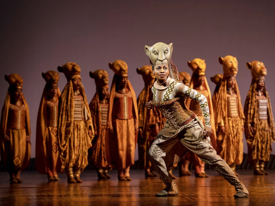 Production shot of The Lion King in New York, with Pearl Khwezi as Nala.