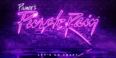 Neon text reads "Prince’s Purple Rain" against a purple-lit brick wall, with "Let's Go Crazy" in smaller text below. The ground reflects the neon glow.