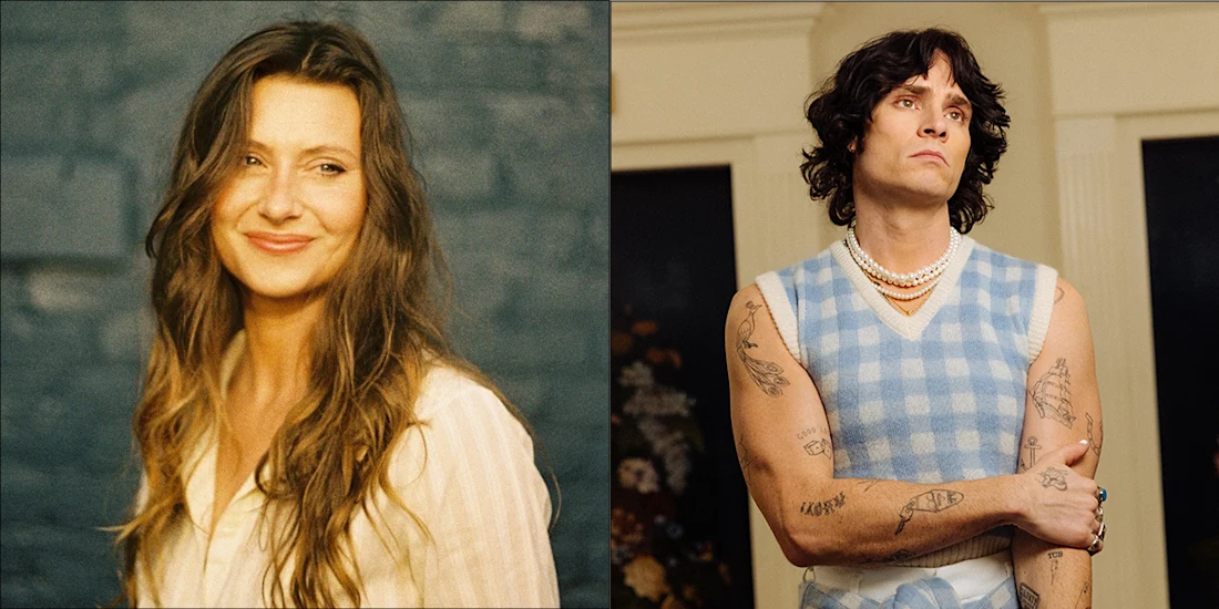 A split image shows a smiling woman with long hair on the left, and a person with tattoos and layered necklaces wearing a blue checkered vest on the right.