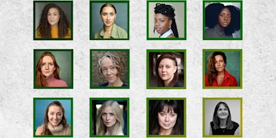 A grid of twelve individual portrait photos of women, each framed with green or yellow borders, displayed against a textured gray background.