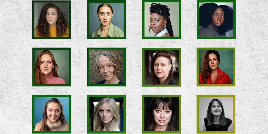 A grid of twelve individual portrait photos of women, each framed with green or yellow borders, displayed against a textured gray background.