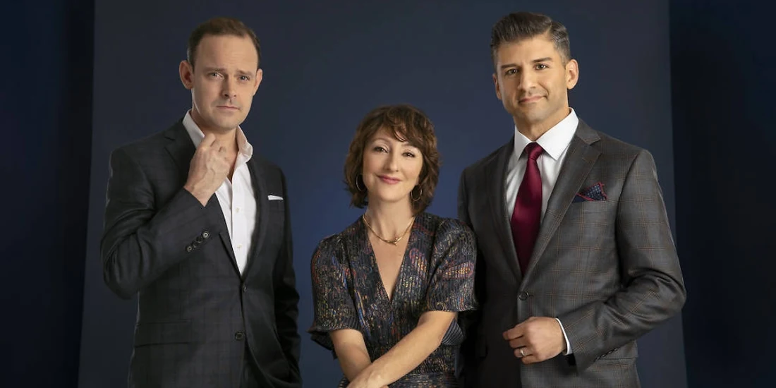 Harry Hadden-Paton as Aldous Huxley, Carmen Cusack as Clare Boothe Luce & Tony Yazbeck as Cary Grant