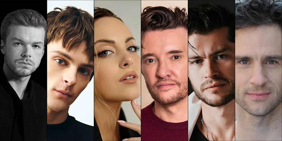 Six people are shown in close-up portrait photos arranged side by side, each facing the camera against simple backgrounds.