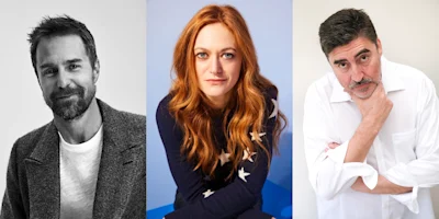 Three adults, two men and one woman, are shown in separate portrait photos. The men have facial hair; the woman has long red hair. All are looking toward the camera.