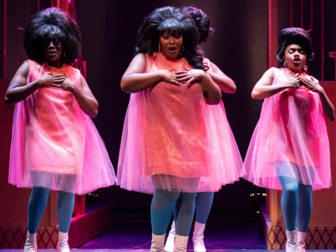 Three performers dressed in pink, tulle-covered dresses, blue tights, and white boots, are on stage, positioned closely together, with their hands on their chests, under stage lighting.