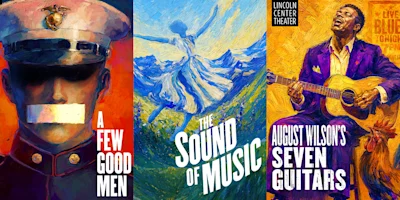 Three theater posters: a soldier with tape over his mouth for "A Few Good Men," a woman dancing for "The Sound of Music," and a man playing guitar for "Seven Guitars.