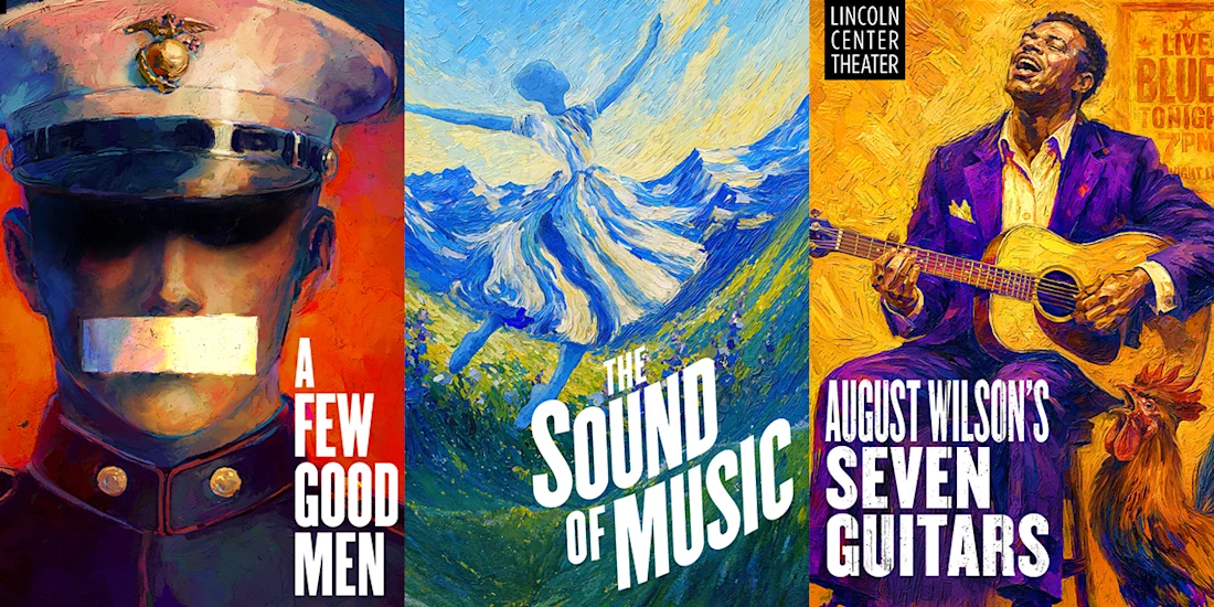 Three theater posters: a soldier with tape over his mouth for "A Few Good Men," a woman dancing for "The Sound of Music," and a man playing guitar for "Seven Guitars.