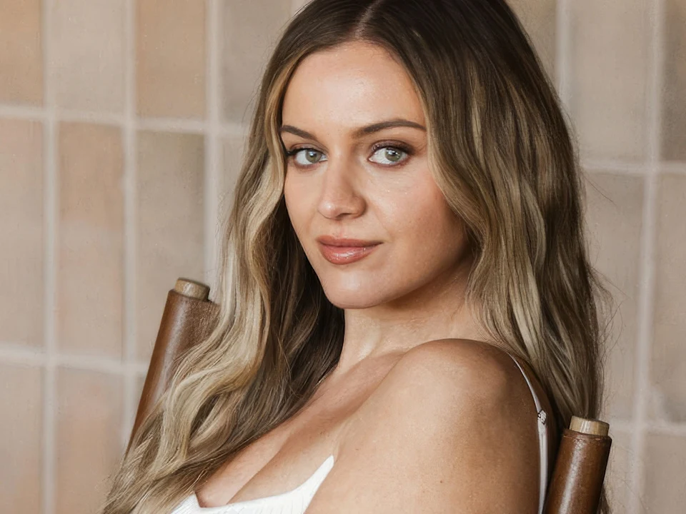 A woman with long, wavy light brown hair sits on a wooden chair, wearing a white top and looking at the camera with a neutral expression.
