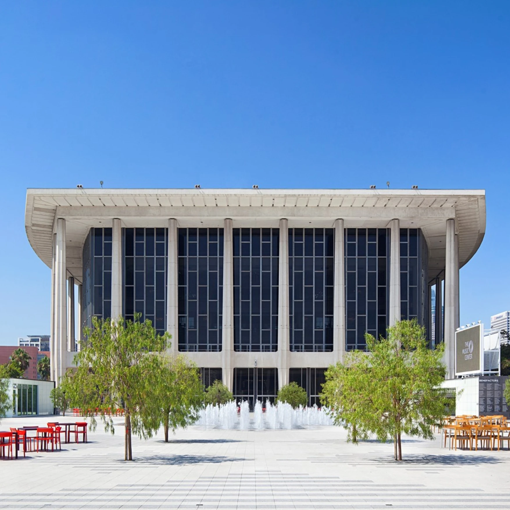 Exterior daytime photo of the Dorothy Chandler Pavilion at The Music Center, Los Angeles.