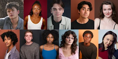 Composite image of twelve young adults, each facing forward, with diverse hairstyles, skin tones, and clothing, set against various solid color backgrounds.