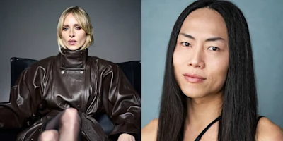 Two portraits side-by-side: a woman in a brown leather jacket and a person with long black hair.