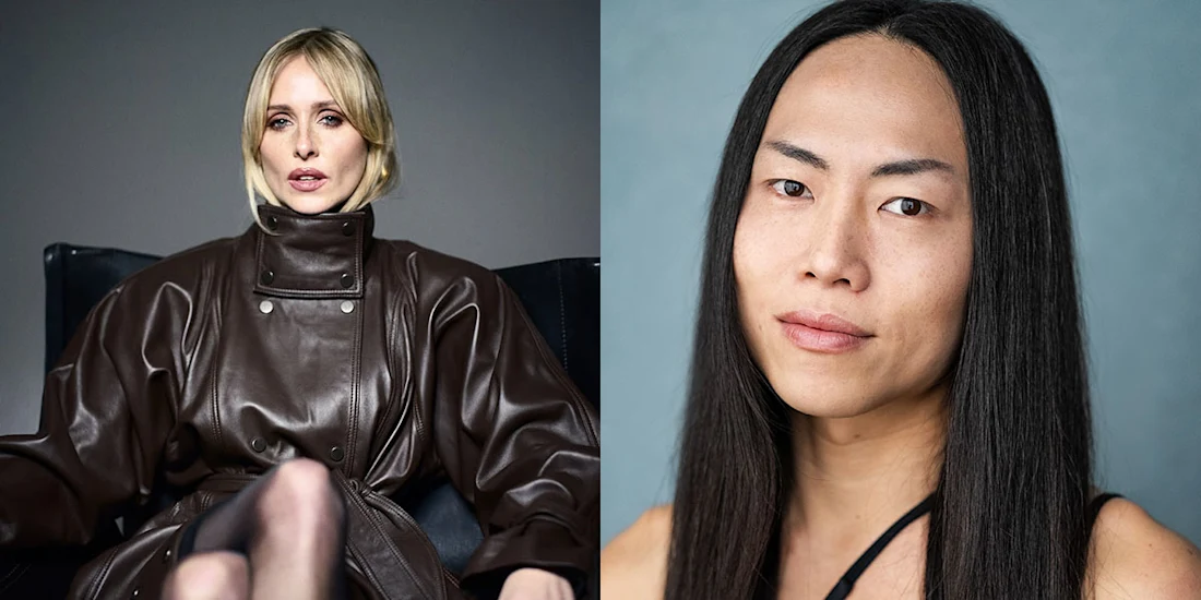 Two portraits side-by-side: a woman in a brown leather jacket and a person with long black hair.