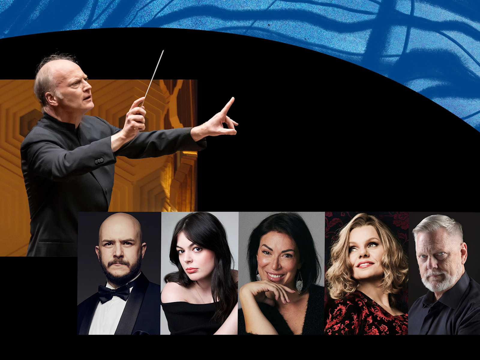 A conductor leads with a baton; below are five individual headshots, four women and one man, arranged side by side against a black background with a blue abstract design above.