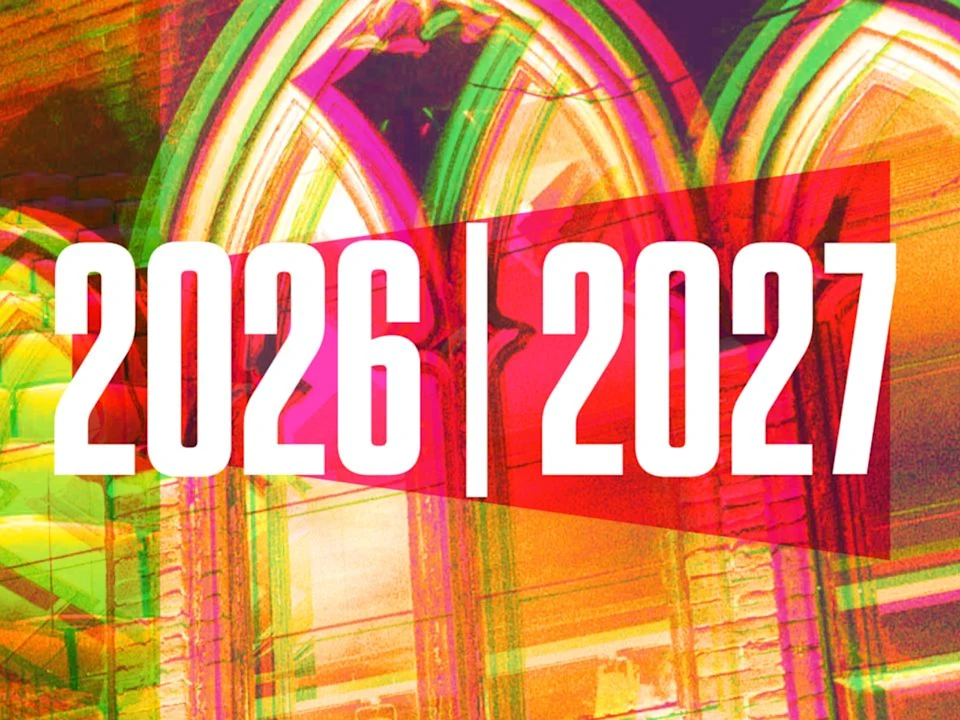 Large white numbers "2026 | 2027" appear over a colorful, abstract background featuring arched windows and layered vibrant hues.