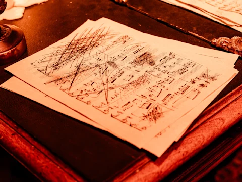 Sheet music with numerous handwritten notes and heavy black scribbles sits on a leather surface, partially illuminated by warm light.