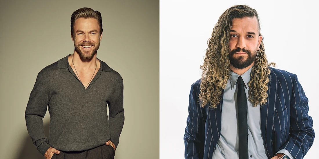 Two men pose side by side against neutral backgrounds; one wears a gray shirt and smiles, the other wears a pinstripe suit and has long curly hair.