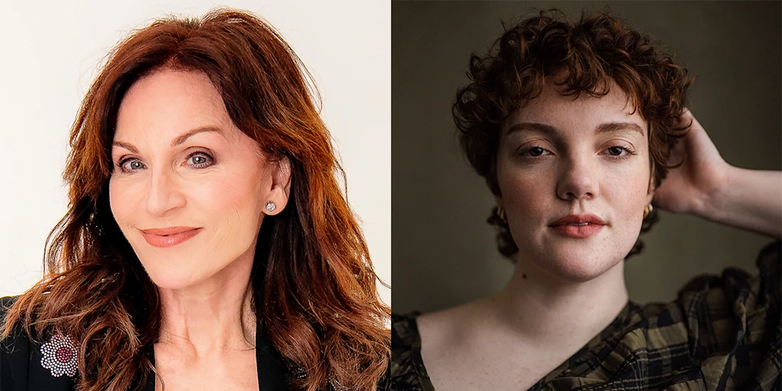 Side-by-side portraits of two women: one with long brown hair smiling, the other with short curly hair and a neutral expression, hand resting on her head.