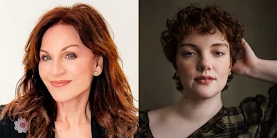 Side-by-side portraits of two women: one with long brown hair smiling, the other with short curly hair and a neutral expression, hand resting on her head.