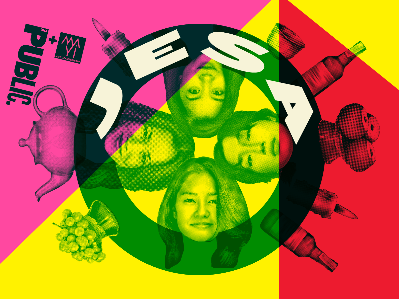 A colorful graphic featuring four mirrored images of a woman's face in a circle, intersected by bold geometric shapes and surrounded by objects like bottles, a teapot, and fruit.