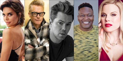 A collage of headshots featuring Lisa Rinna, Carson Kressley, Andrew Rannells, Tituss Burgess, and Megan Hilty.