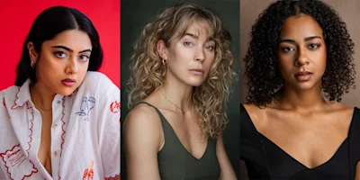 Three women pose for portraits against different colored backgrounds: one in white with dark hair, one in green with curly blonde hair, and one in black with curly dark hair.