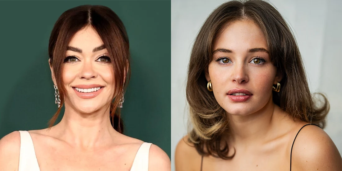 Side-by-side portraits of two women, both with long brown hair, light skin, and wearing sleeveless tops, posing against plain backgrounds.