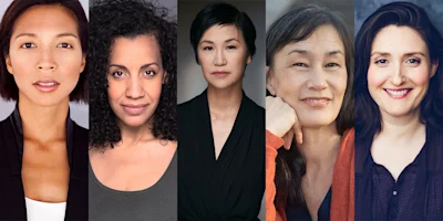 Five women of diverse backgrounds pose for individual portraits, each facing the camera with neutral or slight smiles, set against simple backgrounds.