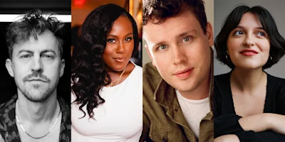 A collage of four people, each facing the camera: a man in black and white, a woman in white, a man in green, and a woman in black, all with neutral or slight smiles.