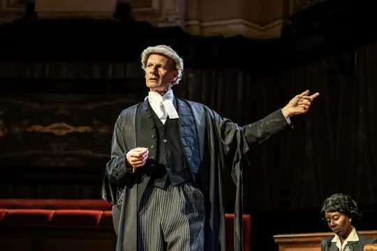 Production shot of Witness for the Prosecution in London, with Stephen Hogan as Sir Wilfrid Roberts Q.C.