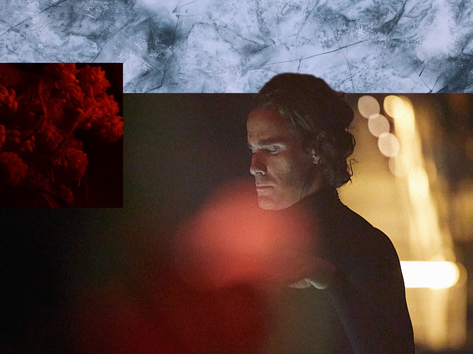 Production photo of Brahms X Radiohead showing a person with long hair in low light stands against a blurred background, with a red-tinted flower photo and a snowy texture layered above.