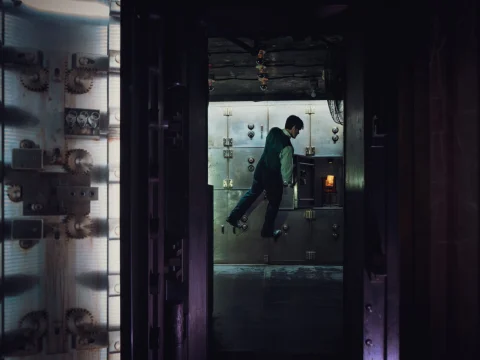 A person in green work attire stands inside a secure vault with metal walls, examining a locker.