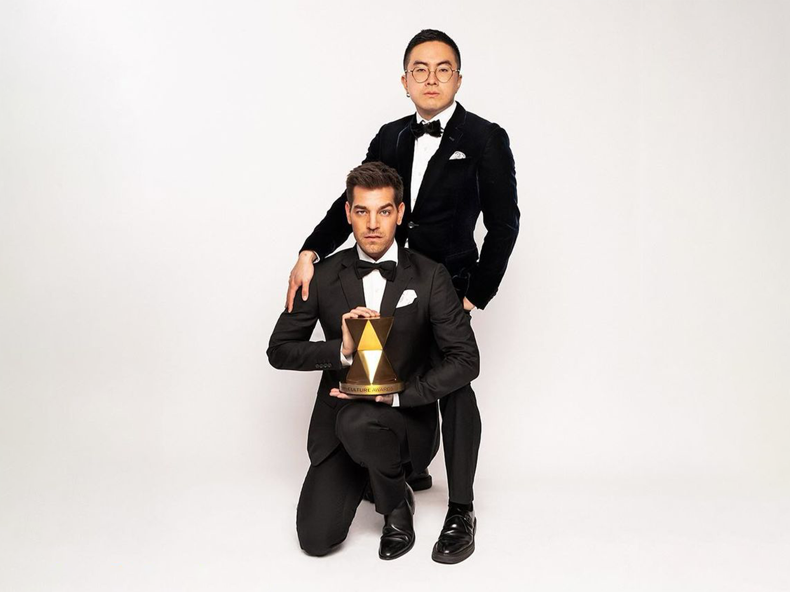 Production shot of Las Culturistas Culture Awards in Brooklyn, with Matt Rogers and Bowen Yang.