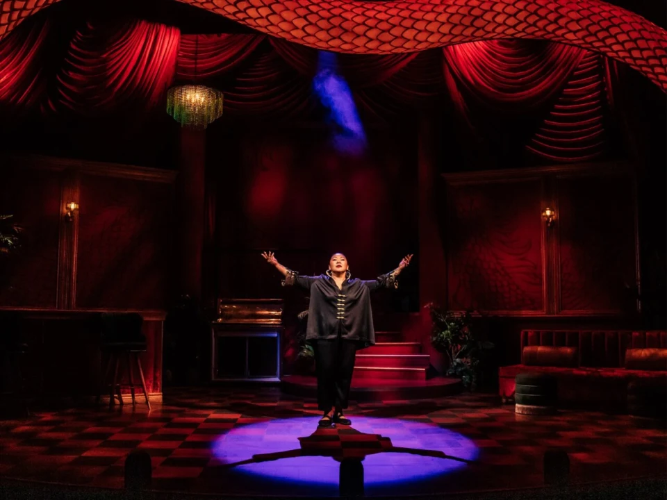 A person stands with arms raised on a stage with red curtains and dramatic lighting, creating a theatrical atmosphere.