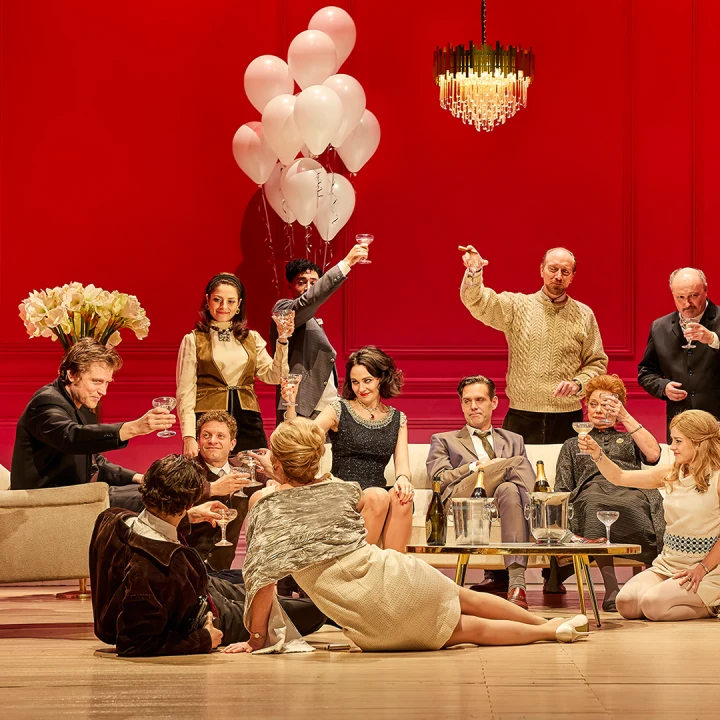 Production image of The Motive and the Cue in London, featuring the full West End cast.