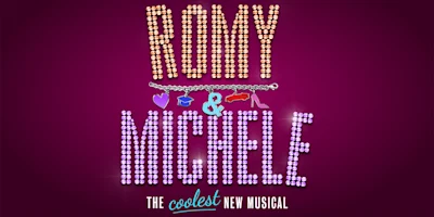 Logo for "Romy & Michele: The Coolest New Musical" with stylized sparkling text and icons of a heart, purse, shoe, and graduation cap on a purple background.