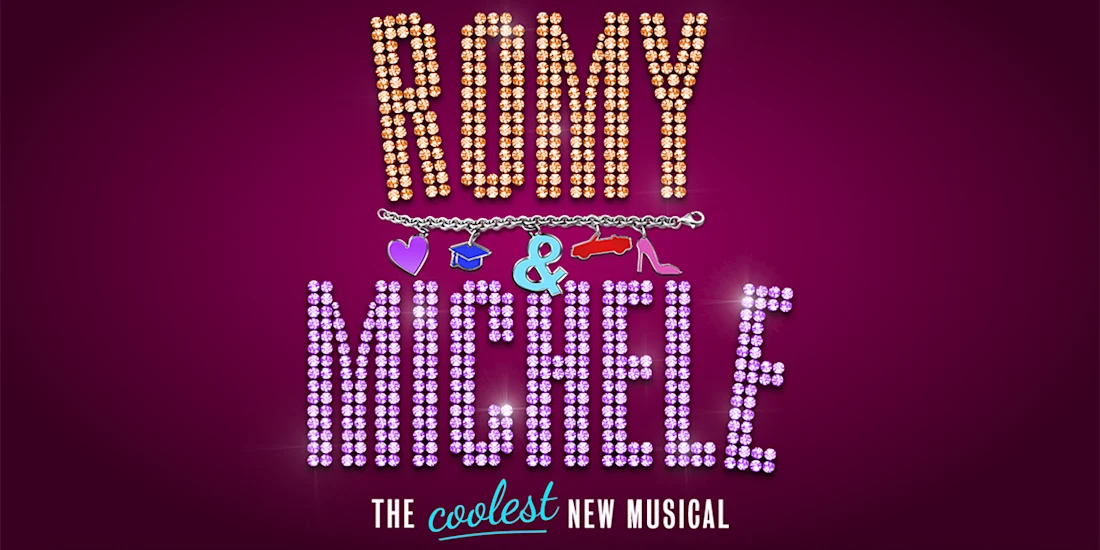 Logo for "Romy & Michele: The Coolest New Musical" with stylized sparkling text and icons of a heart, purse, shoe, and graduation cap on a purple background.