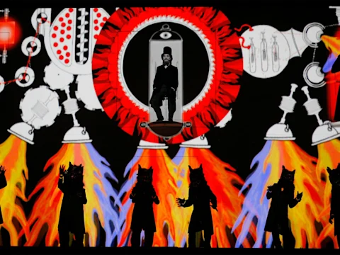 Silhouetted performers in wolf masks stand before a colorful, animated backdrop featuring fire, machinery, and a suited man framed by red and white graphics.