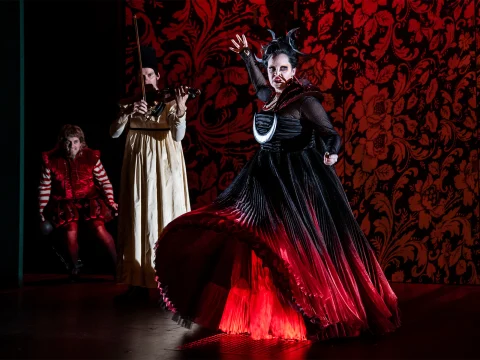 Production shot of The Matchbox Magic Flute, showing ensemble performing.