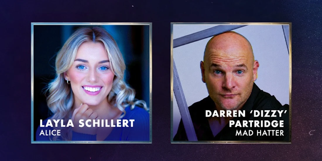 Two side-by-side headshots: Layla Schillert as Alice and Darren ‘Dizzy’ Partridge as Mad Hatter.