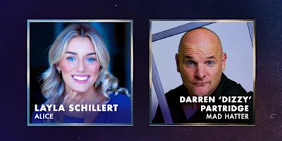 Two side-by-side headshots: Layla Schillert as Alice and Darren ‘Dizzy’ Partridge as Mad Hatter.