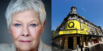 A close-up of an elderly woman with short gray hair, next to a photo of a theater displaying bright yellow "Avenue Q" musical banners.