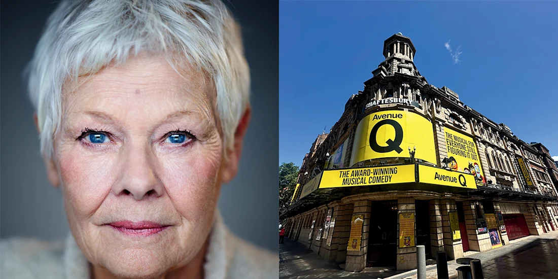 A close-up of an elderly woman with short gray hair, next to a photo of a theater displaying bright yellow "Avenue Q" musical banners.