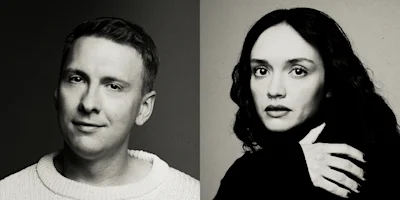 Black and white portraits of a man and a woman side by side.