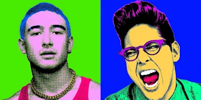 Split image with two stylized portraits: left, a serious person in a chain necklace on a green background; right, a yelling person with glasses on a blue background.