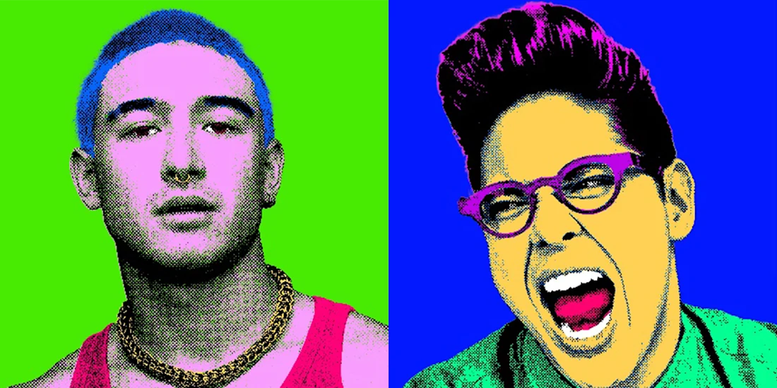 Split image with two stylized portraits: left, a serious person in a chain necklace on a green background; right, a yelling person with glasses on a blue background.