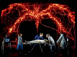 Production shot of Stranger Things: The First Shadow in London, with Louis McCartney as Henry Creel, Calum Ross as Walter Henderson and Maisie Norma Seaton as Claudia Yount.