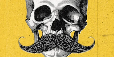 A black and white human skull with a large, detailed mustache is set against a textured yellow background.