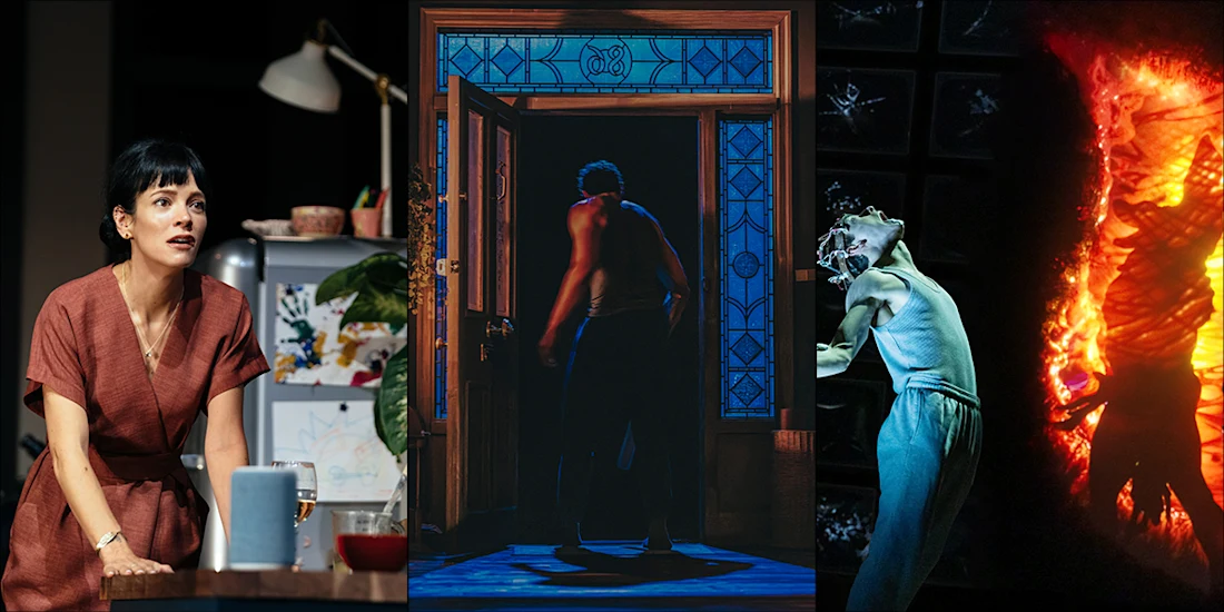 A woman sits in a kitchen, a man walks through a door at night, and a performer stands by a burning figure on stage.